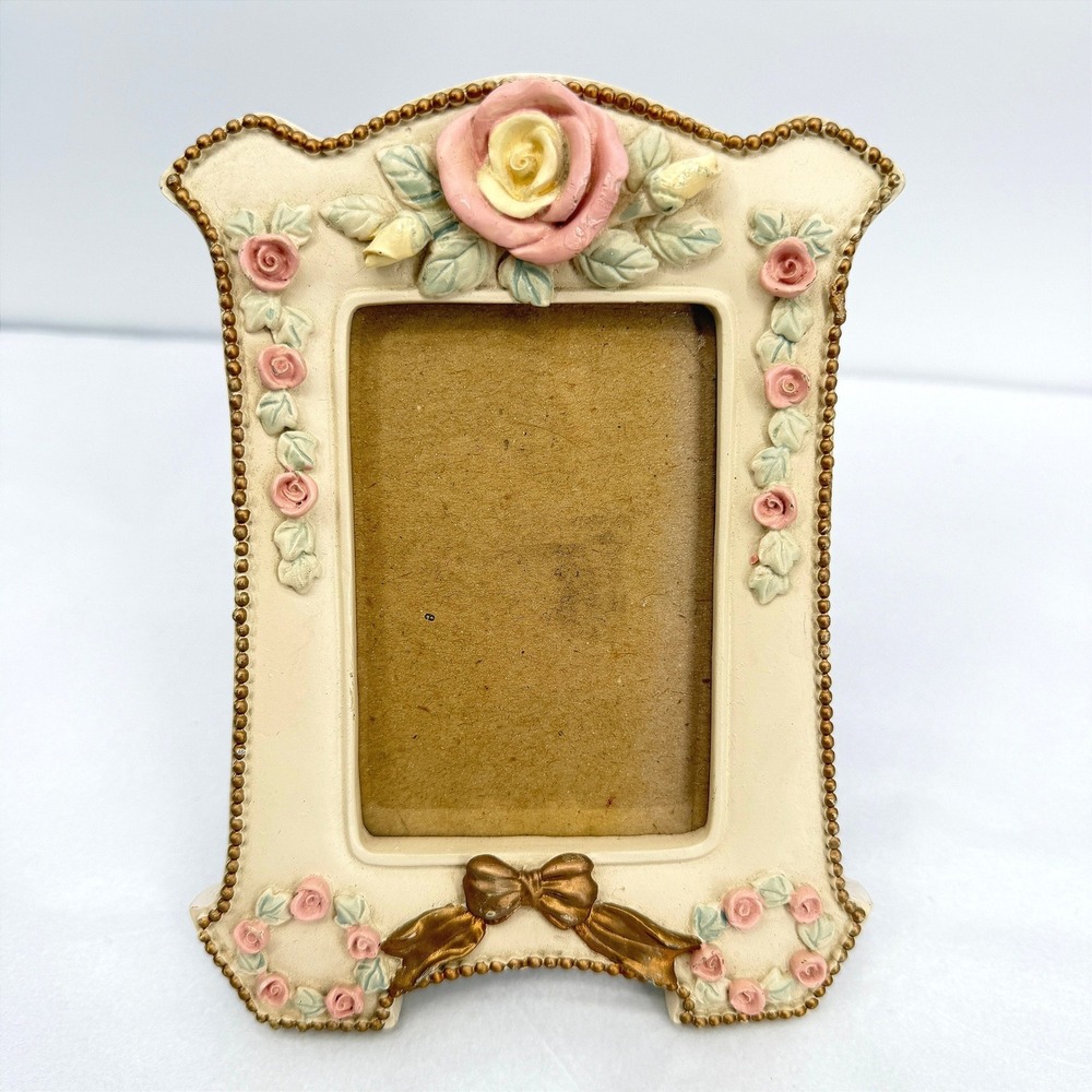 Rose Bud Gold Bow Beaded Trim Floral Cottage Core Picture Frame Shabby Chic